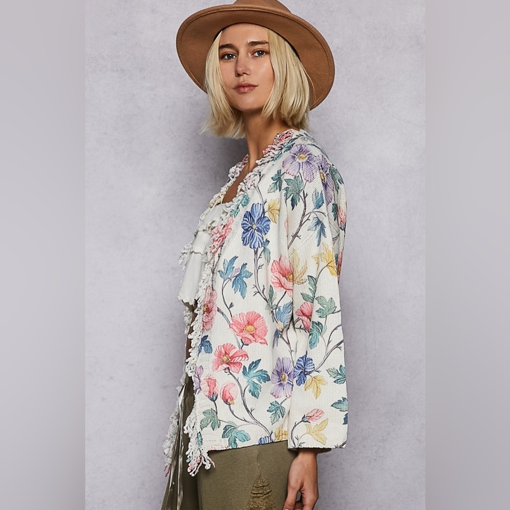 POL V-Neck Long Sleeve Floral Print Sweater Cardigan Top - Picture 2 of 3